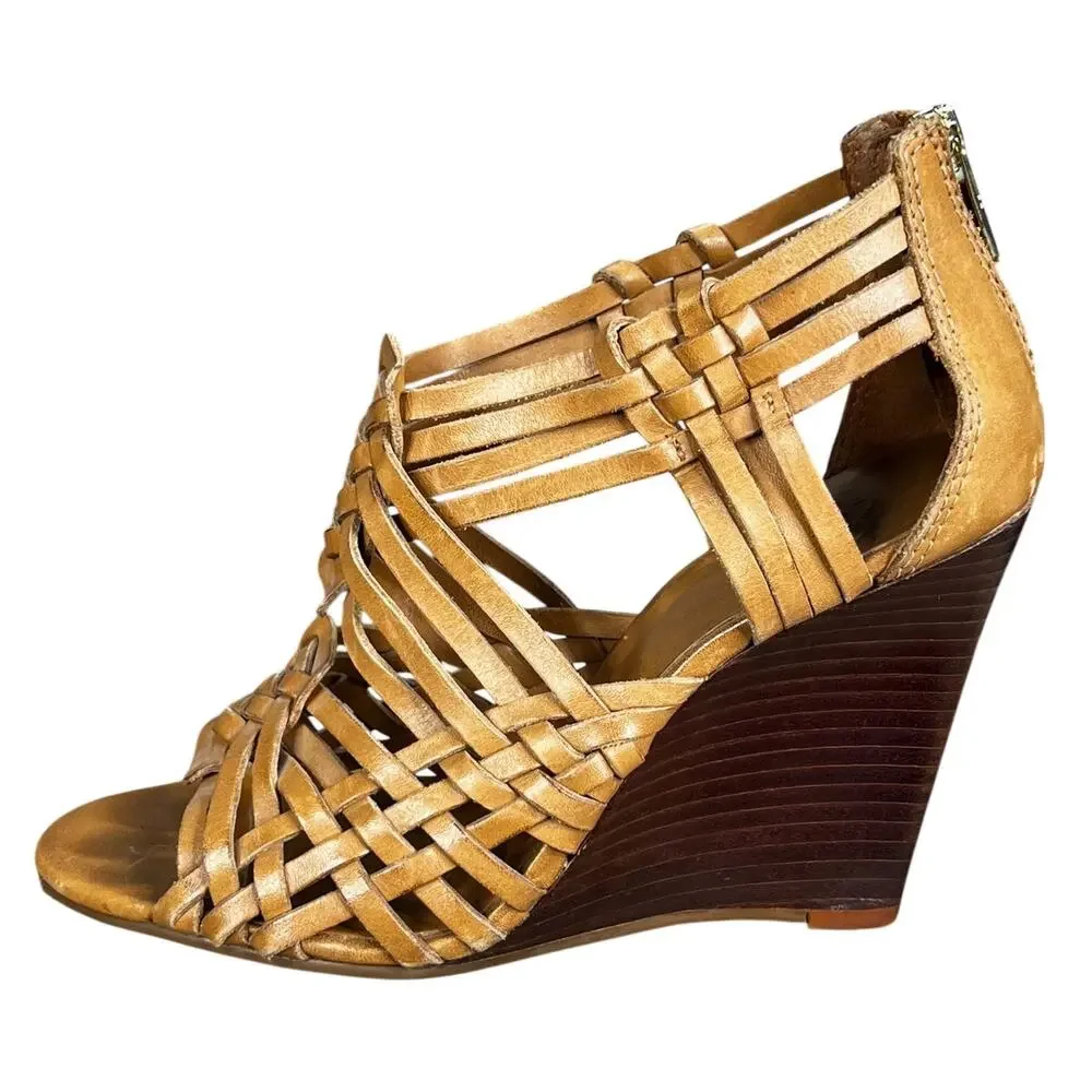 Tory Burch Women’s Tevray Huarache Tan Leather Wedge Sandals Size US 7